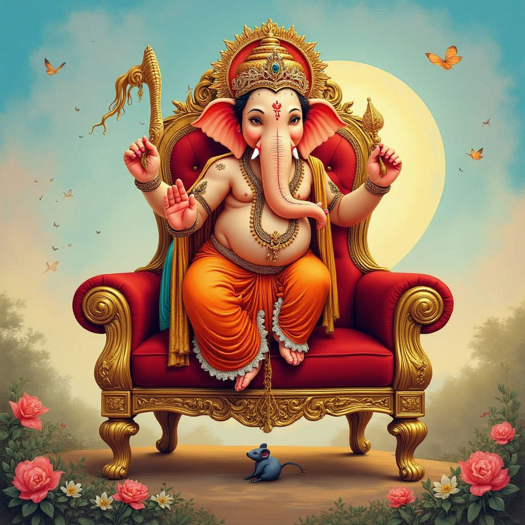 Ganesha on Elephant in Style of Raja Ravi Varma