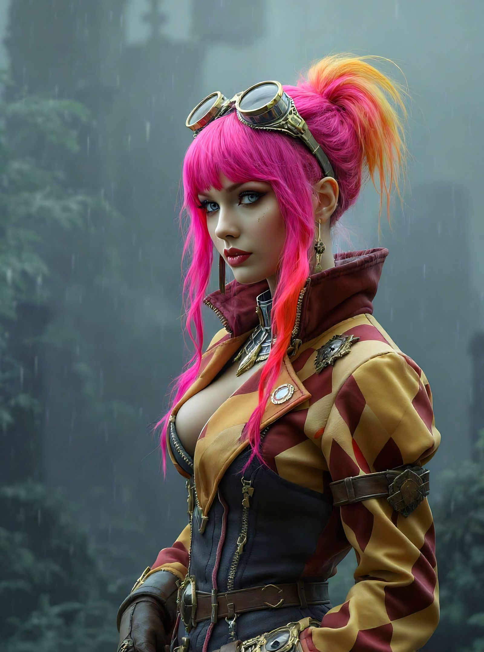 Steampunk Woman with Gradient Hair in Mystical Setting
