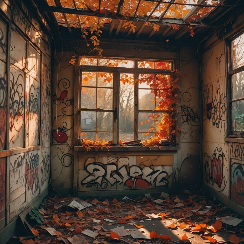 Nature Reclaims Abandoned Shed in Autumn Sunlight