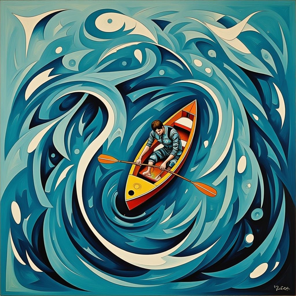 Surreal Cubist Landscape with Rowing Figure