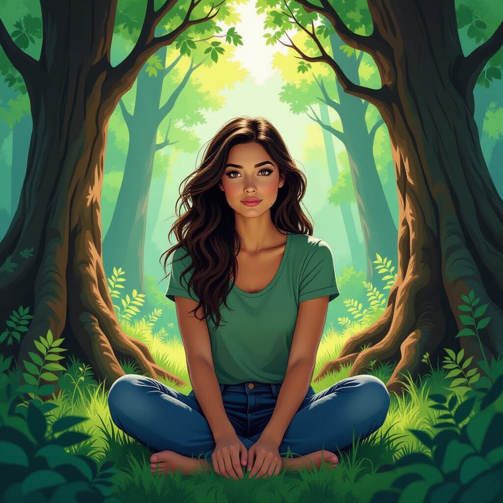 Resilient Woman in Lush Forest of Transformation