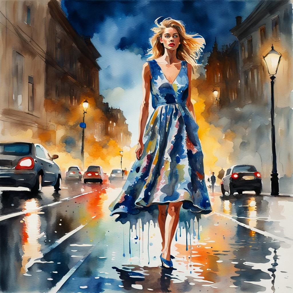 Fashion Model in Gouache Style Watercolor Dress