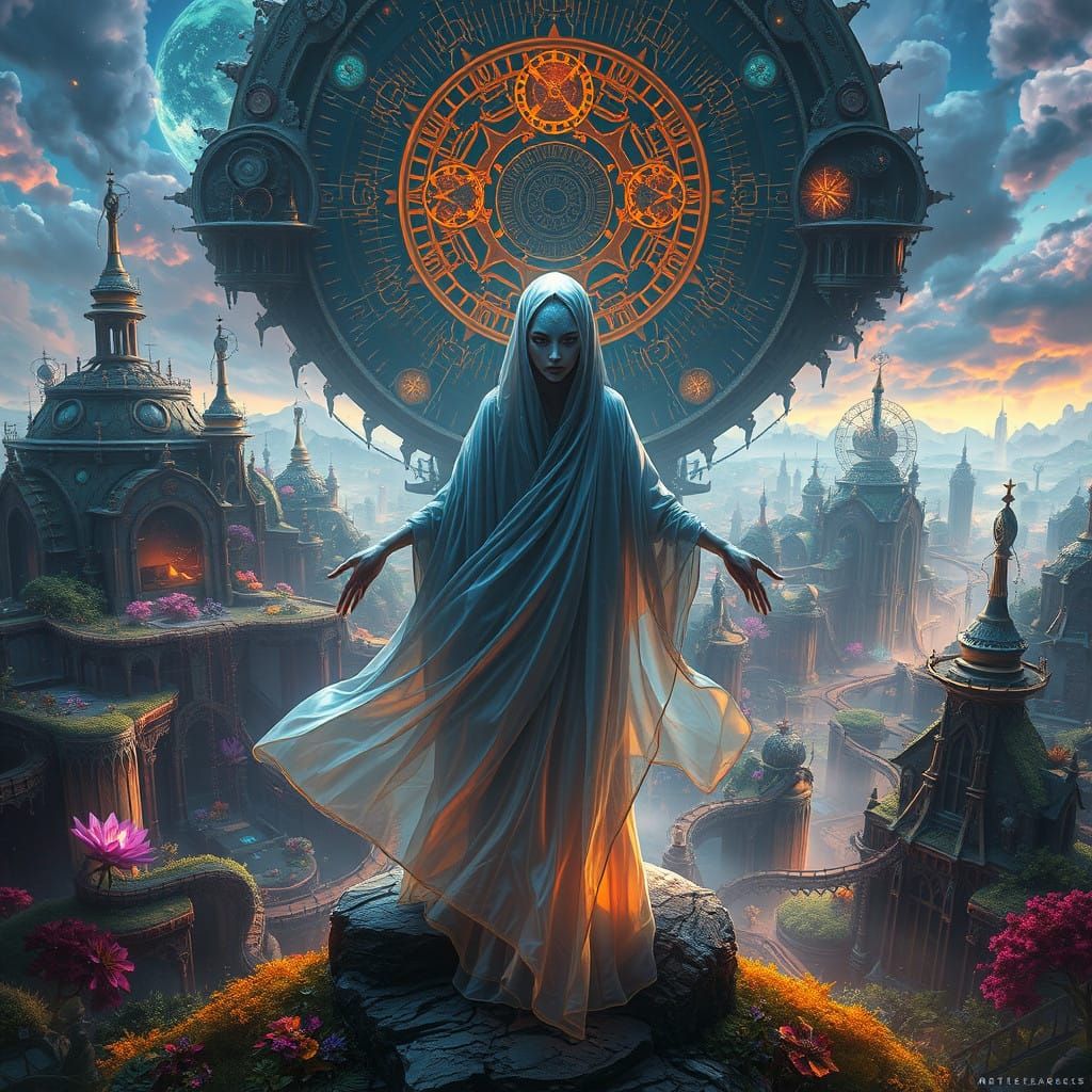 Mystical Figure in Dreamlike Landscape