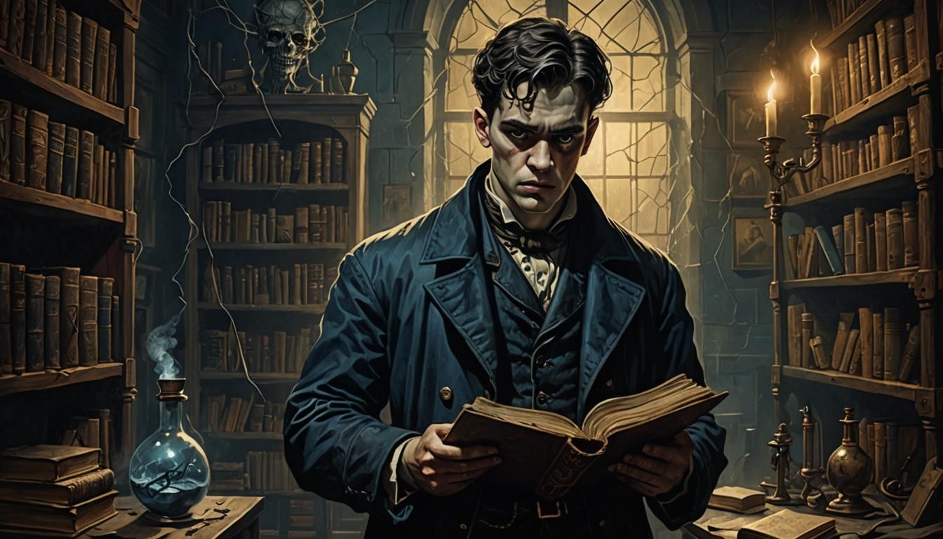 Victor Frankenstein in Eerie Laboratory, Gothic Horror Illus...