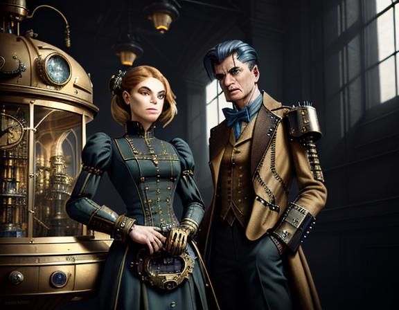 Steampunk Twins in Time Machine: Digital Matte Painting