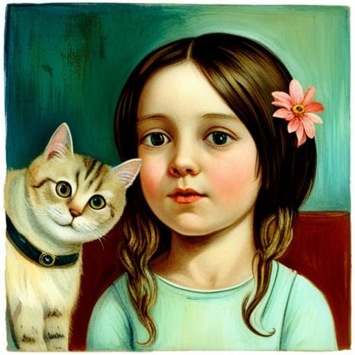 Toddler's Joyful Surprise: A Cat Gift in Surreal Portrait