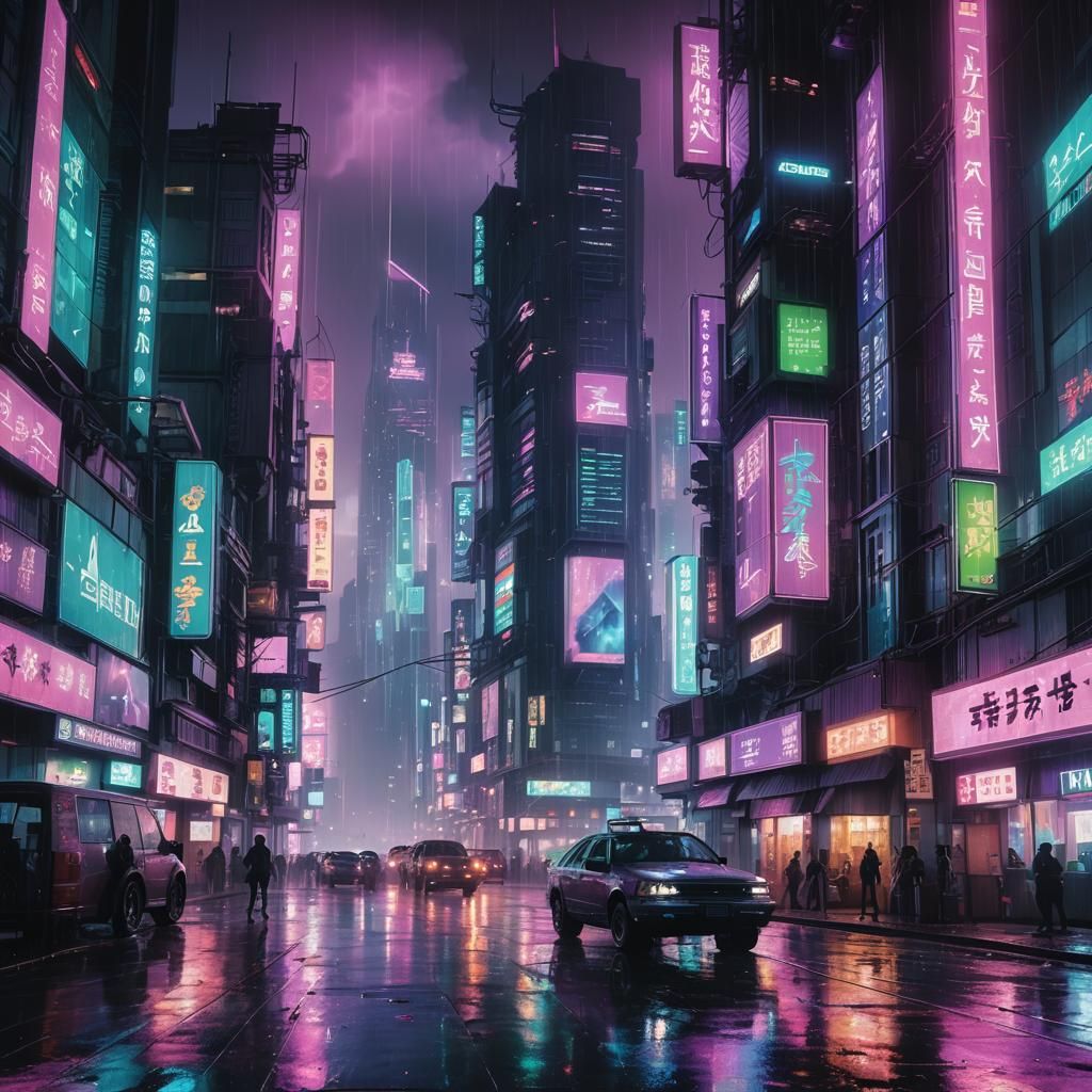 Neon Cyberpunk Cityscape at Rainy Night
