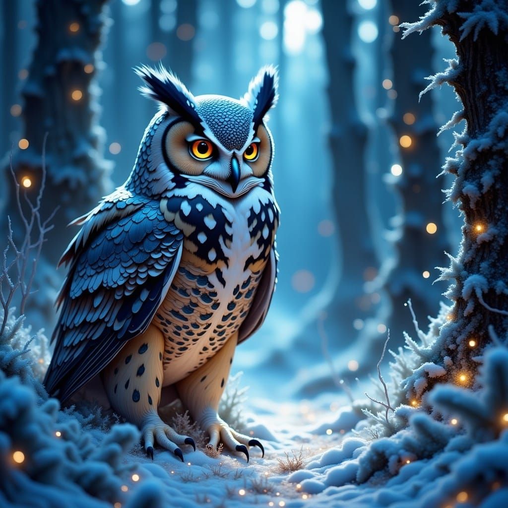 Luminous owl in a mystical winter woodland on an Illuminated...