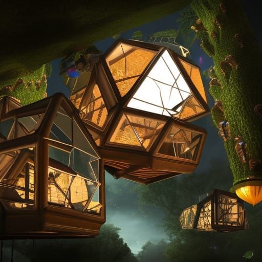 Honeycomb Dieselpunk Treehouse Village in Hyperreal Detail