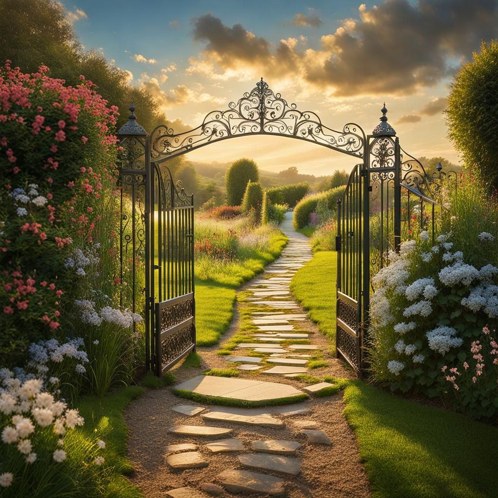 Hyperrealistic Garden Path and Gate Photograph