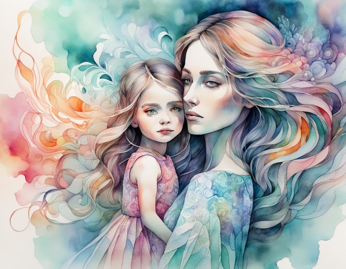 Woman Holding Girl's Hand in Watercolor Style