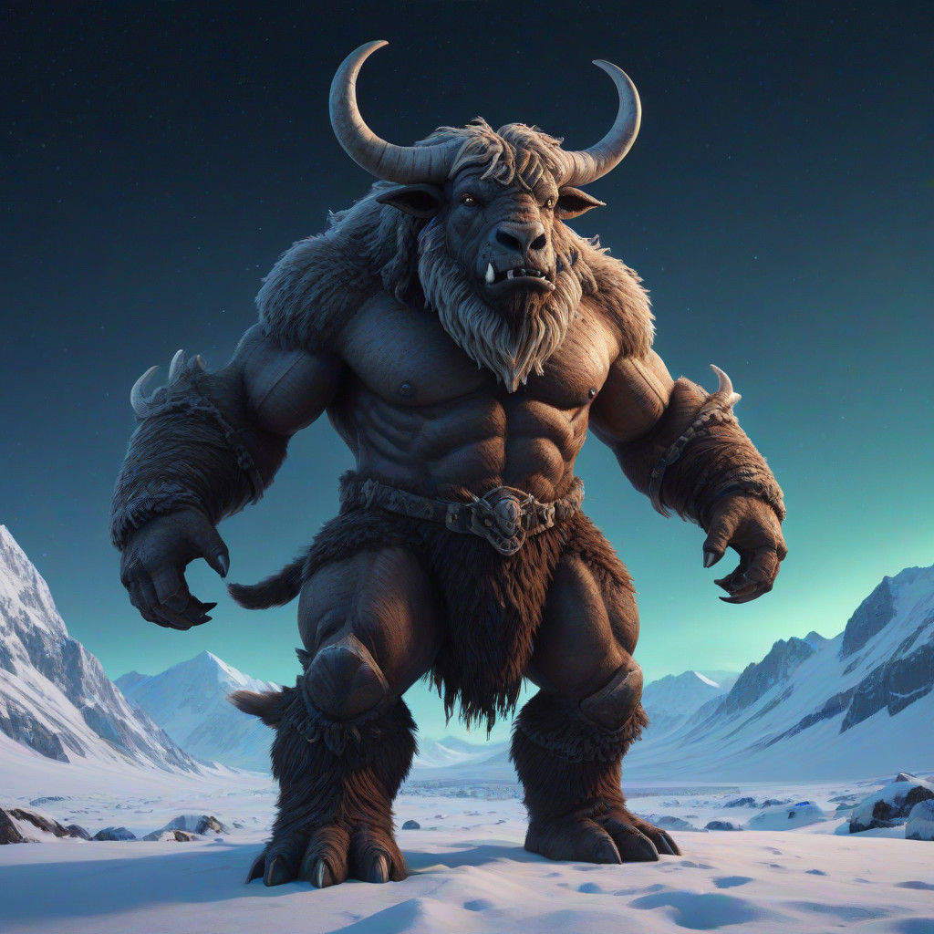 Surreal Arctic Minotaur Under Celestial Aurora