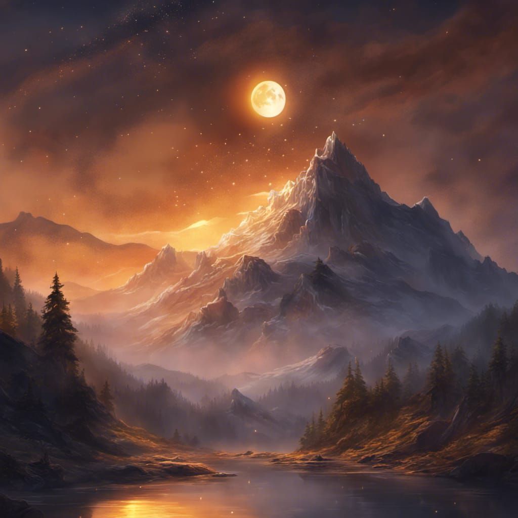 Mountain and Crescent Moon Eclipse: Digital Painting