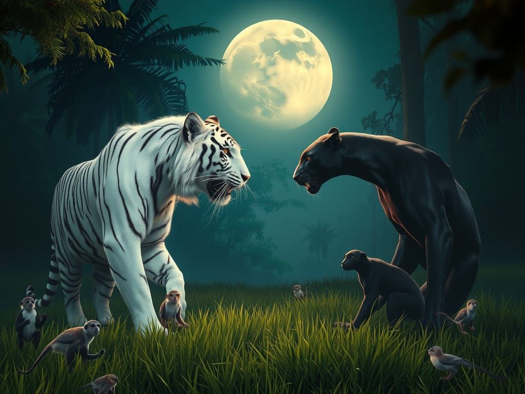 Mystical Jungle Confrontation Under Ethereal Moonlight