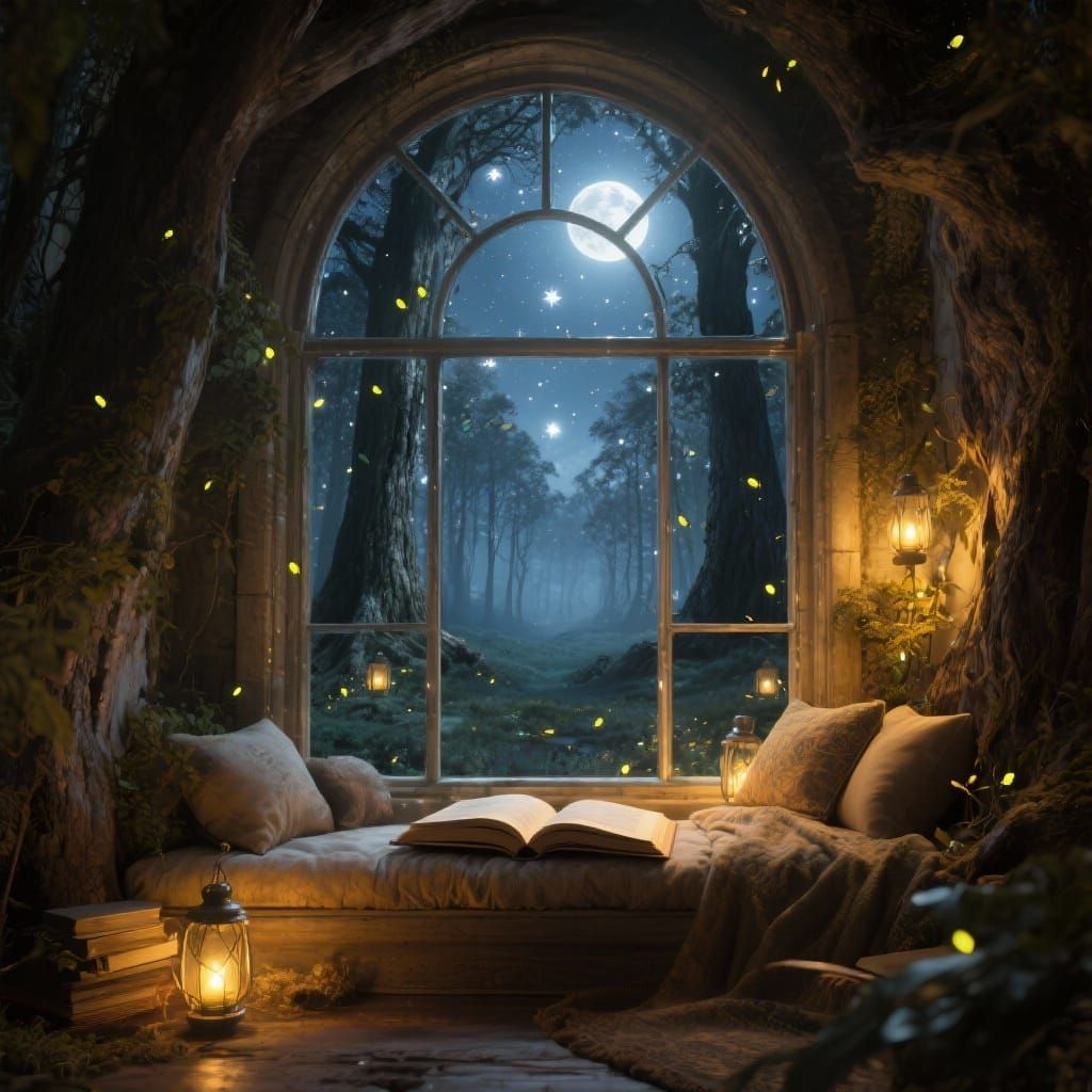 Fantasy Reading Nook with Starlit Forest View