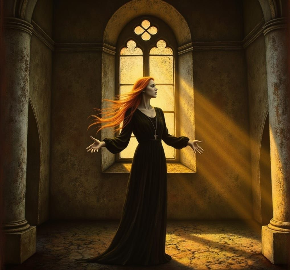 Pagan Woman in Sunlit Abandoned Church