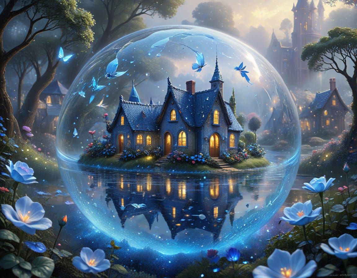 Tiny Village in Giant Blue Rose Bud Illustration