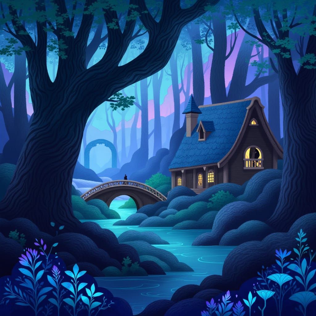 Mystical Forest Scene with Enchanted House