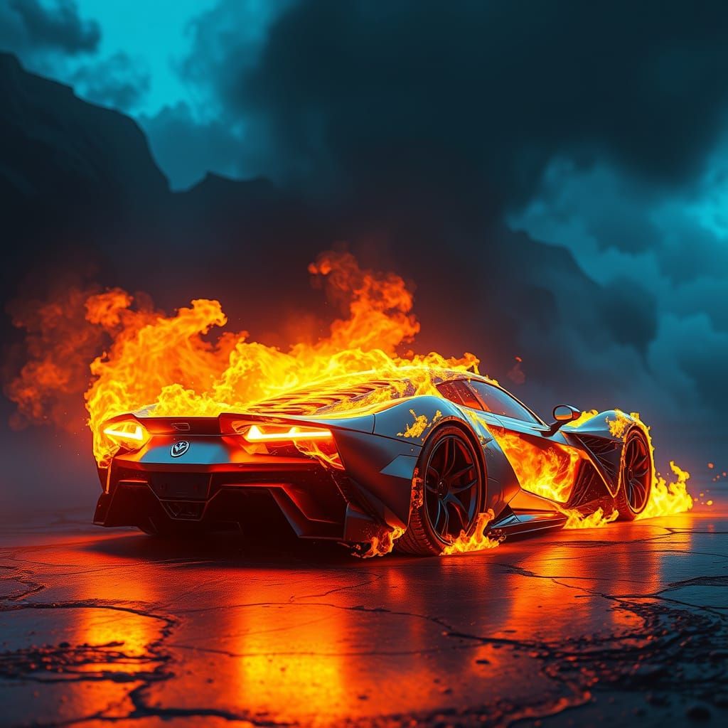 Futuristic Car in Blazing Inferno Scene