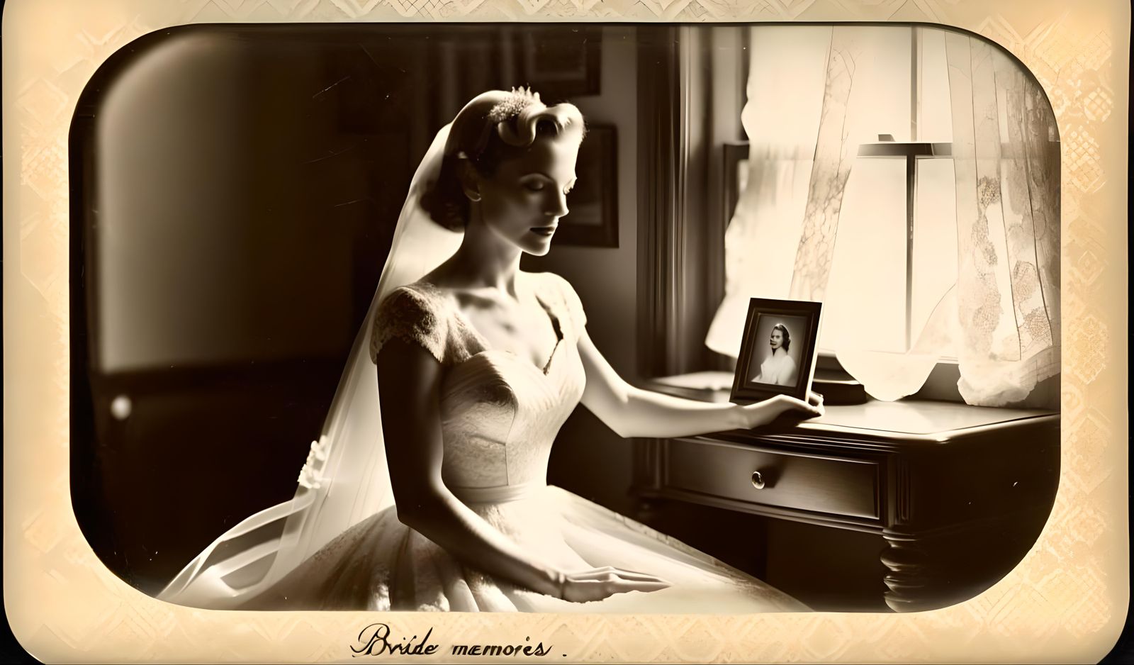 Nostalgic 1940s Bride in Sepia-Toned Polaroid