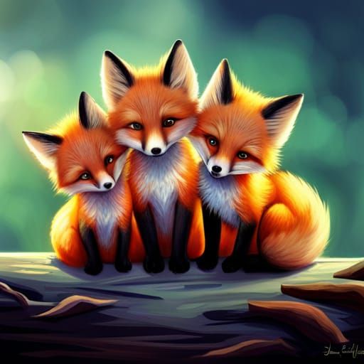 Colorful Furry Fox Cubs on Tree Trunk