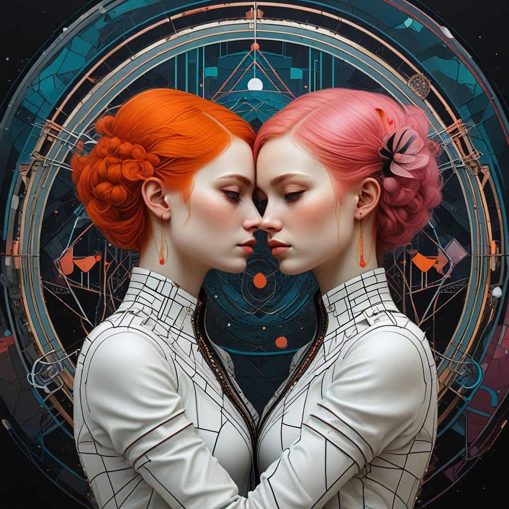 Couple Embracing in Neonpunk Geometric Abstraction