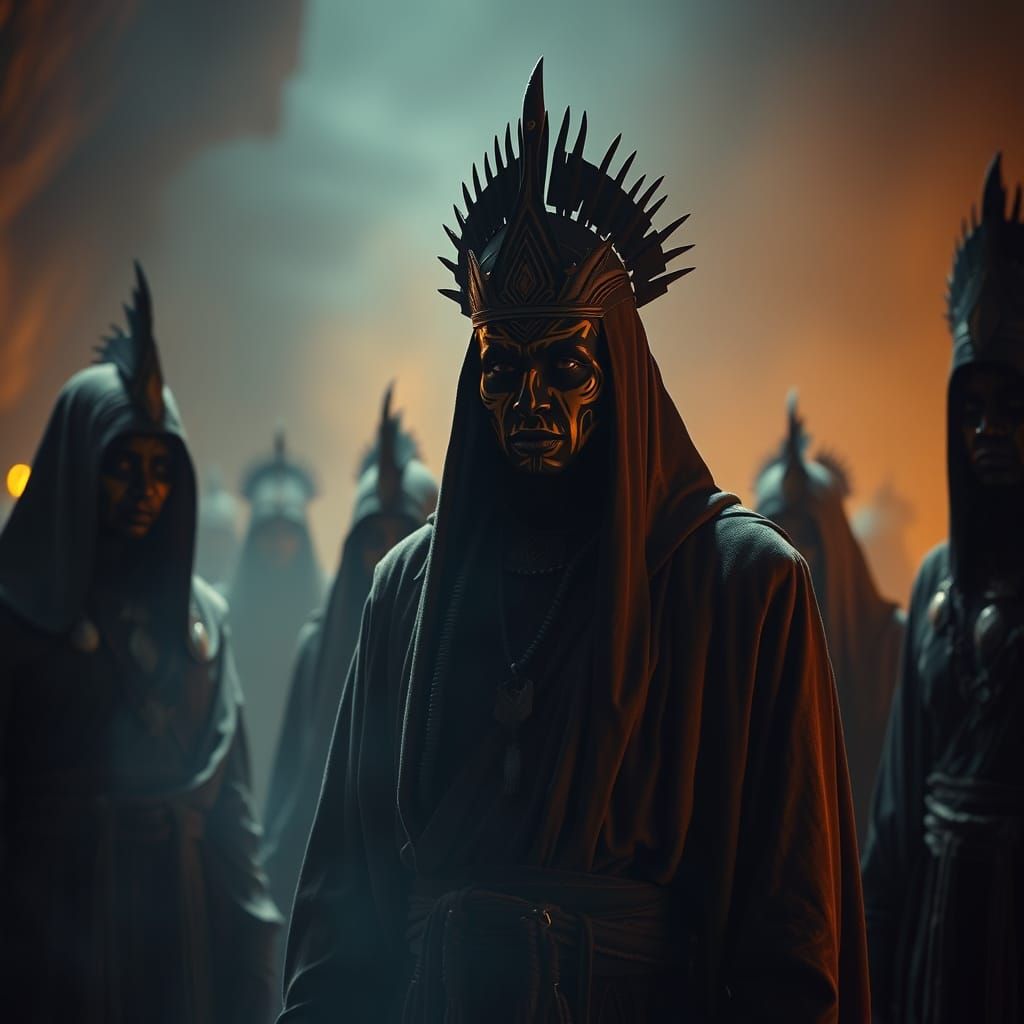 Mysterious Tribal Gathering in Dramatic Golden Light