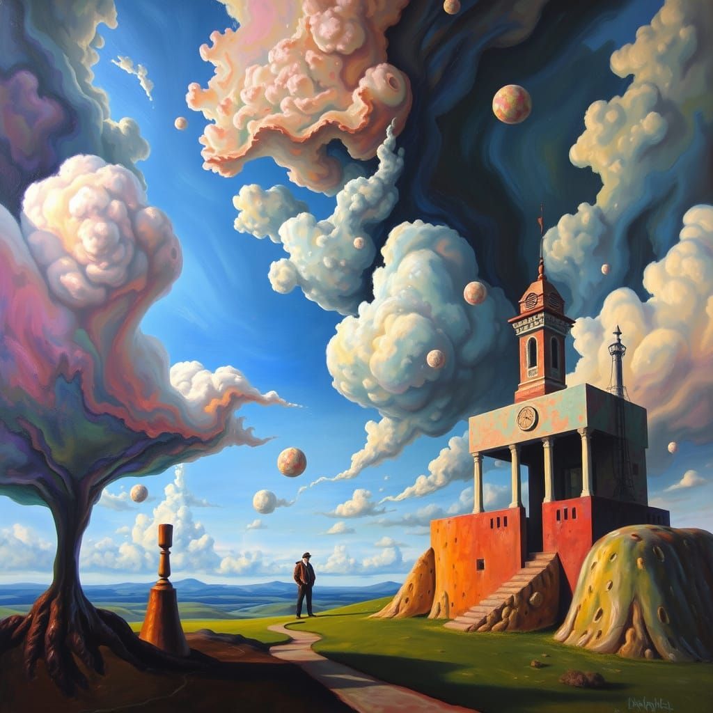 Surreal Dreamscape Oil Painting: Melting Sky and Abstract Fo...
