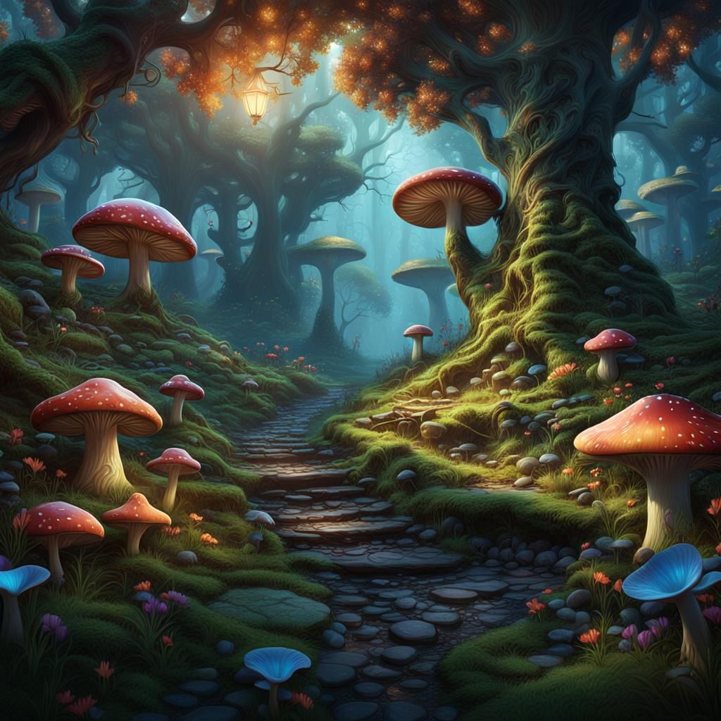 Une forêt enchanté avec des champignons