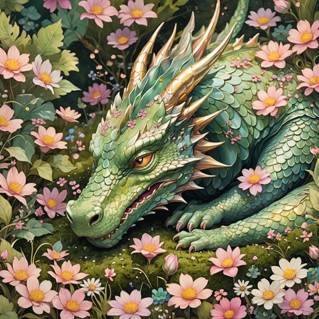 Sleeping Dragon in Floral Watercolor Fantasy