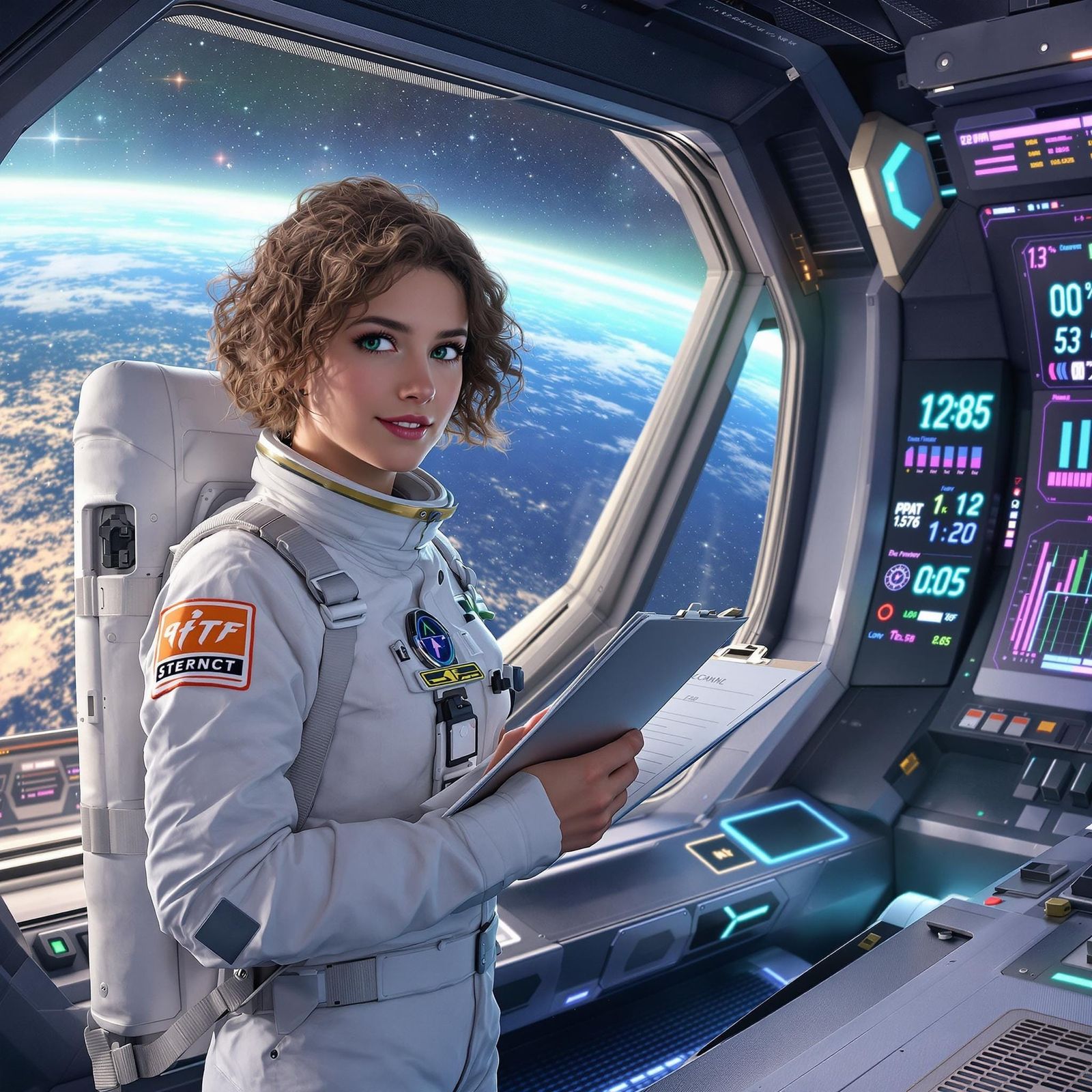 Ethereal Astronaut in Futuristic Spaceship Control Room