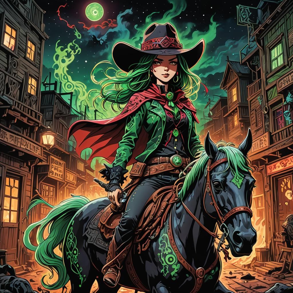Dark Fantasy Cowgirl in Haunted Wild West Anime Style
