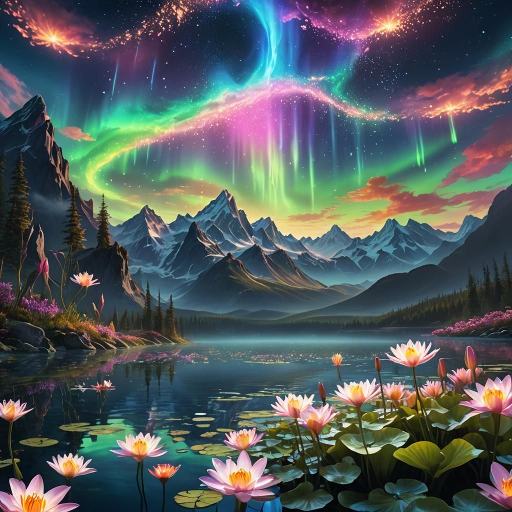 Mystical Lake Under Aurora Borealis, Fantasy Concept Art