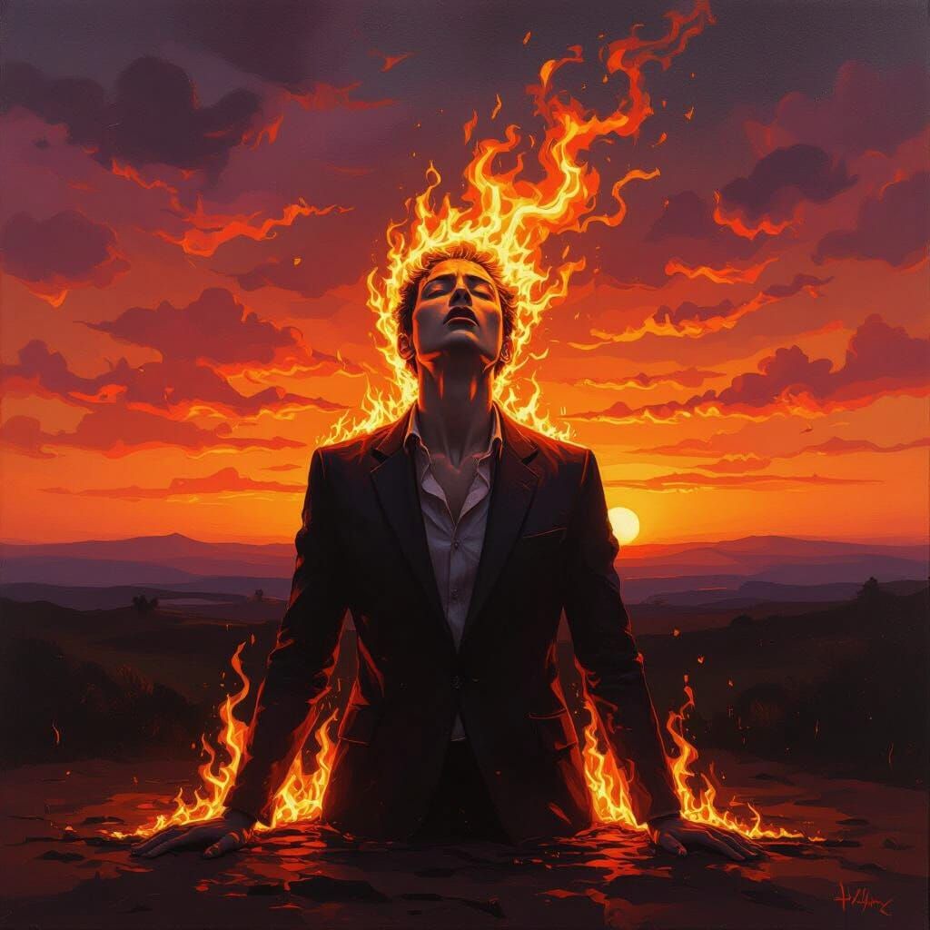 Surrealist Oil Painting of Burning Out Figure