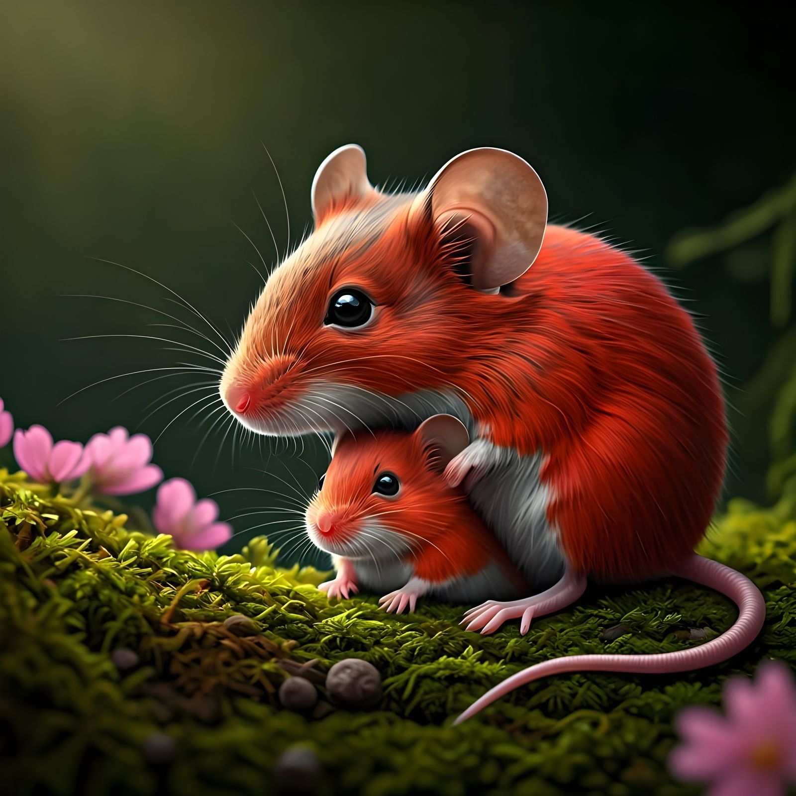 Shy Mouse and Father in Moss Pink Flowers