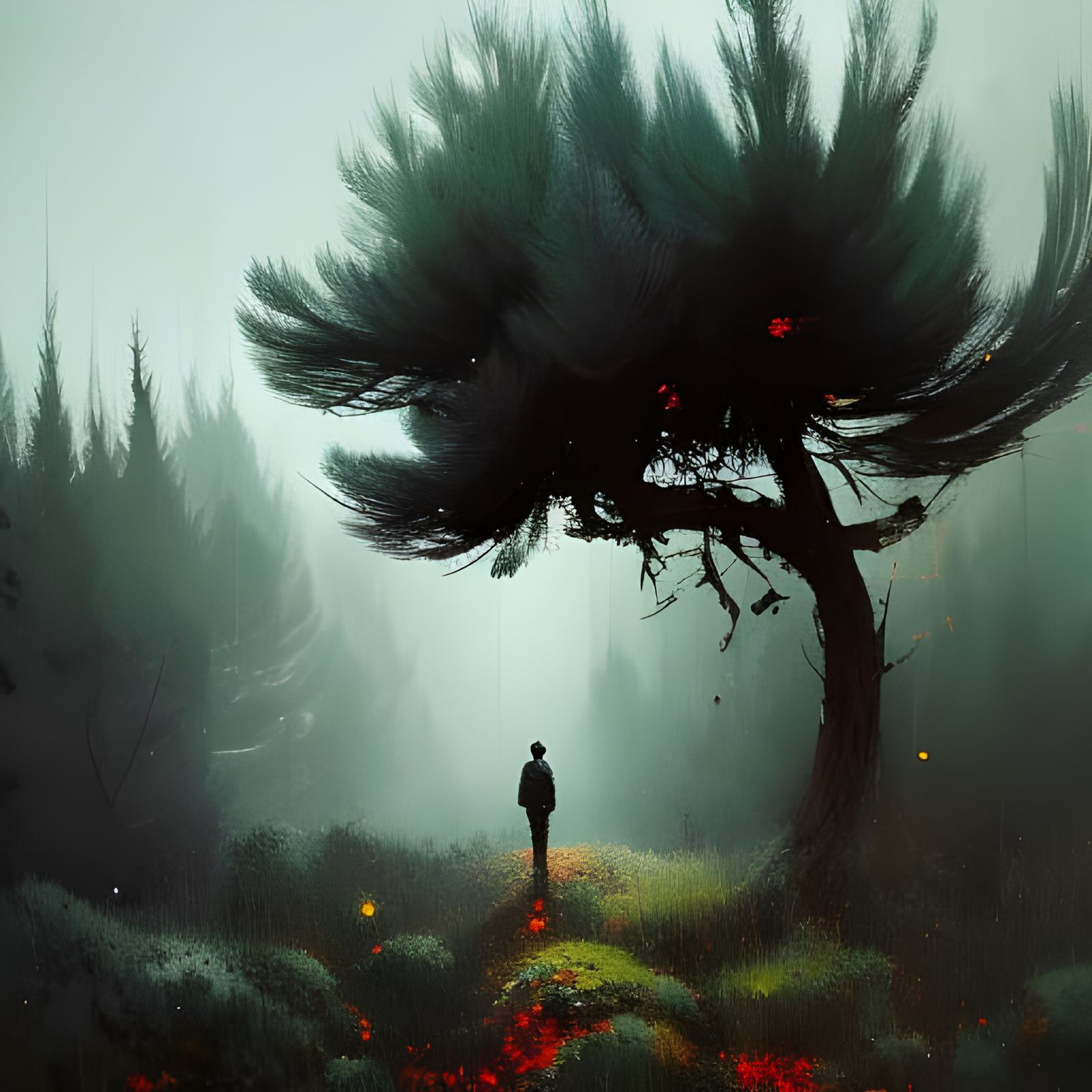 Lone Figure in Pine Landscape: Speedpaint Style