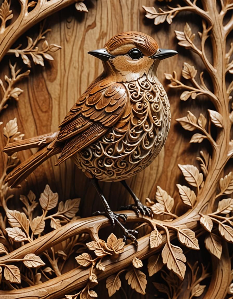 Wood carving of a Filigree robin