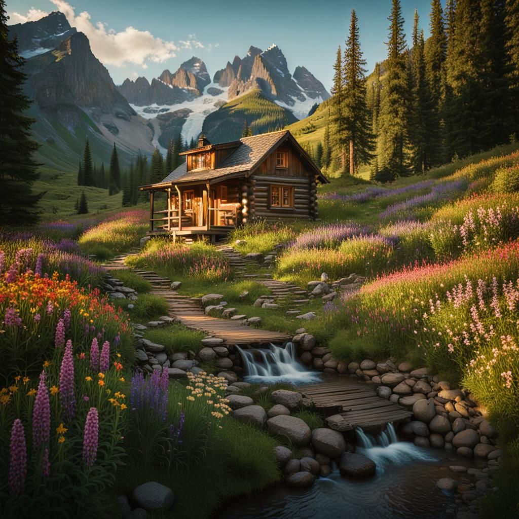 Idyllic Mountain Cabin Retreat in Cinematic Style