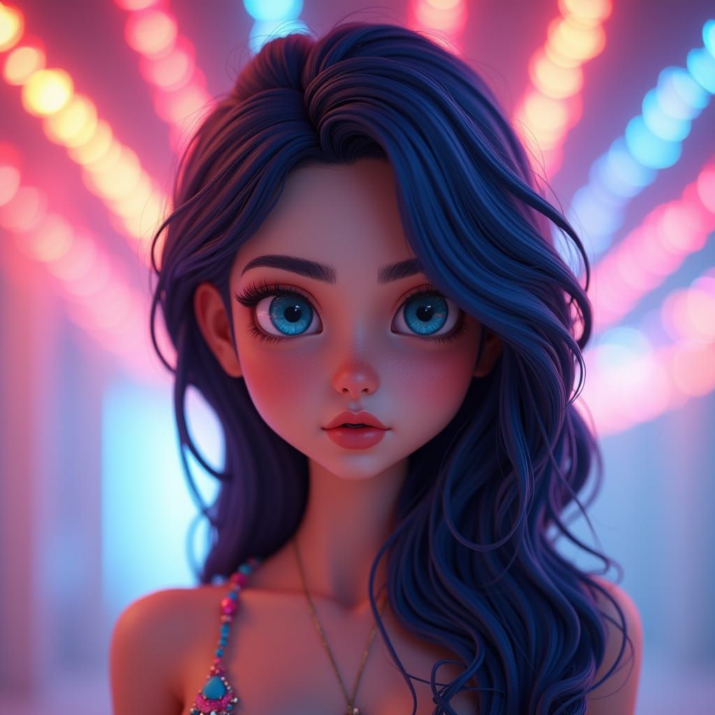 Pretty Woman with Blue Eyes and Dark Hair in 3D Art Style