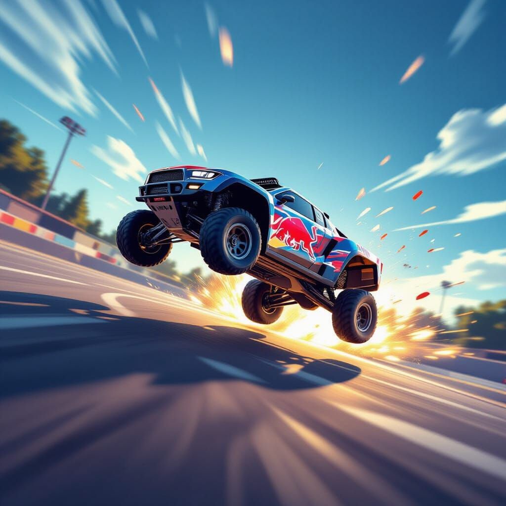 RC Car Flips Off High Ramp in Dynamic Digital Art