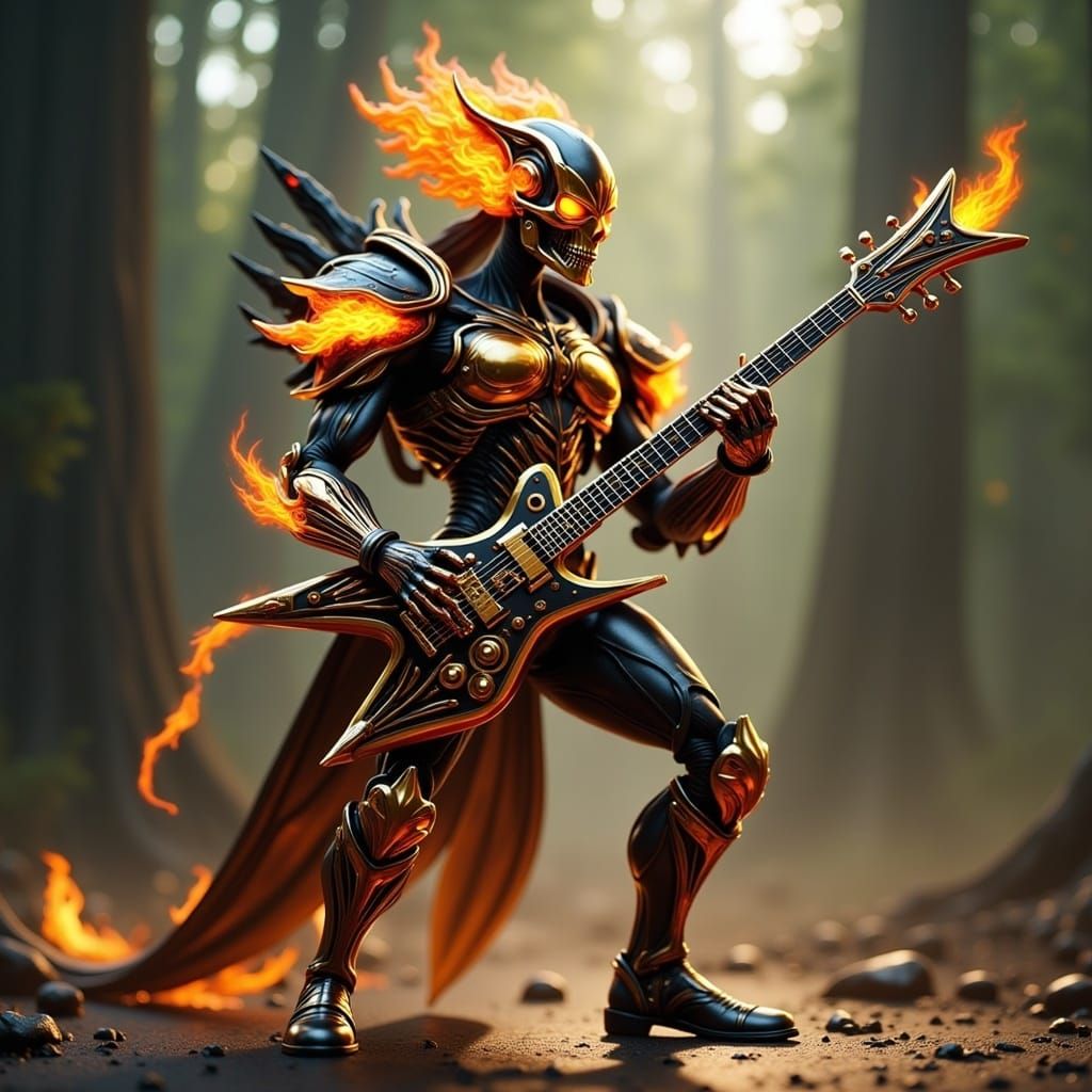 Golden Robot Statue Playing Guitar in Sci-Fi Style