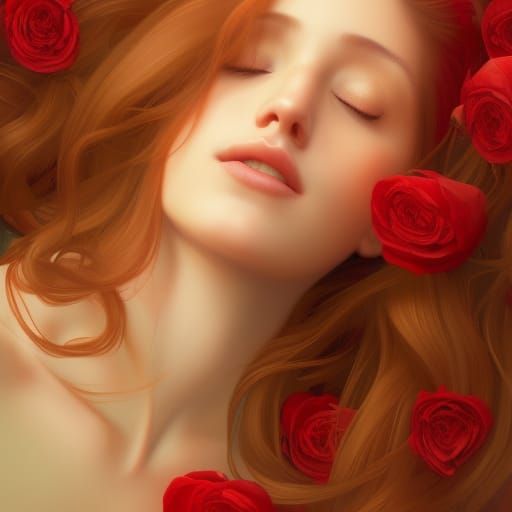 Dreamy Woman Portrait with Flowing Red Hair