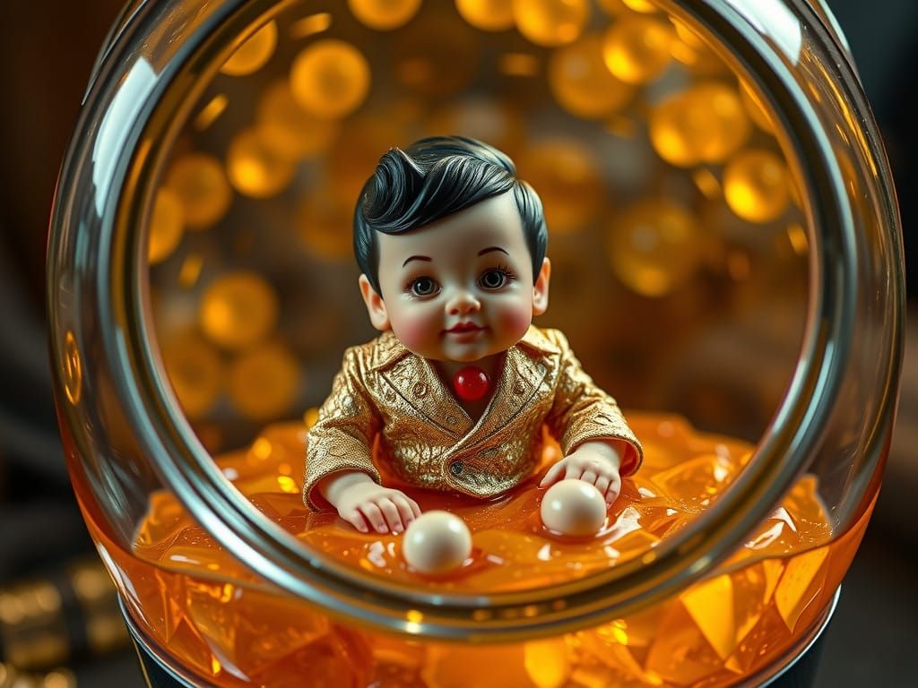 Whimsical Baby Elvis in Honey Barrel with Glowing Jewelry