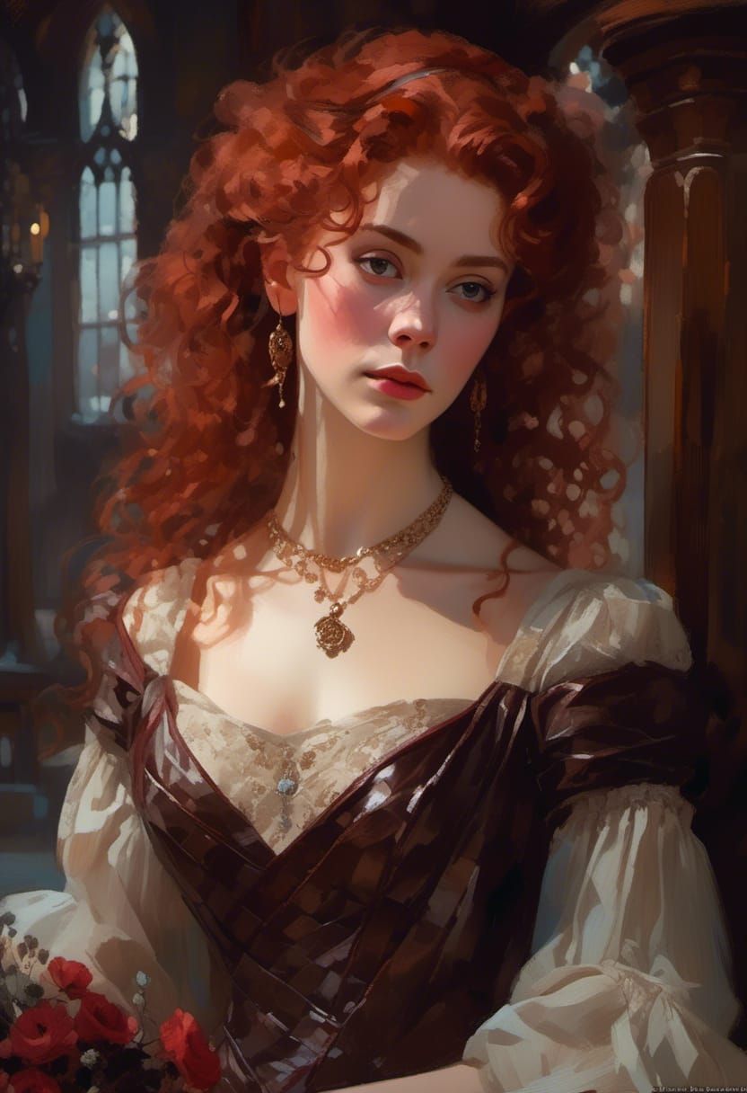 Red-Haired Lady in Rococo Leather and Lace Gown