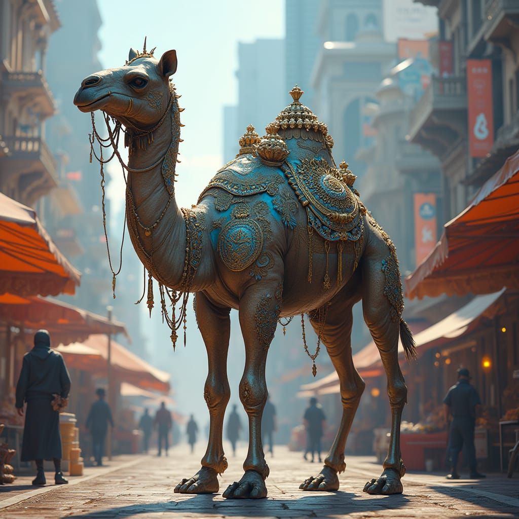 Cyberpunk Camel Refrigerator Hybrid in City Square