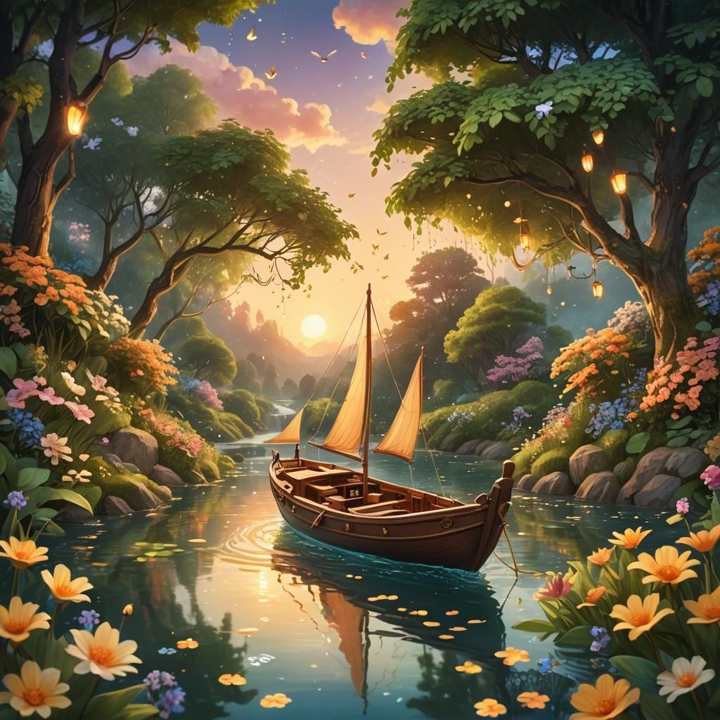 Cute Boat Sails Serene River in Fantasy Art