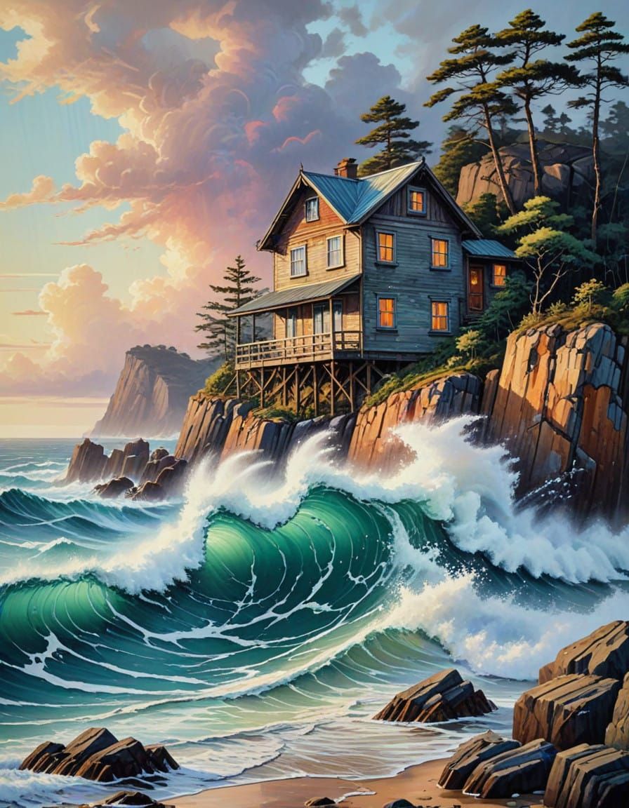 Manga-Inspired Wood House Cliffside Scene in Vibrant Muted C...