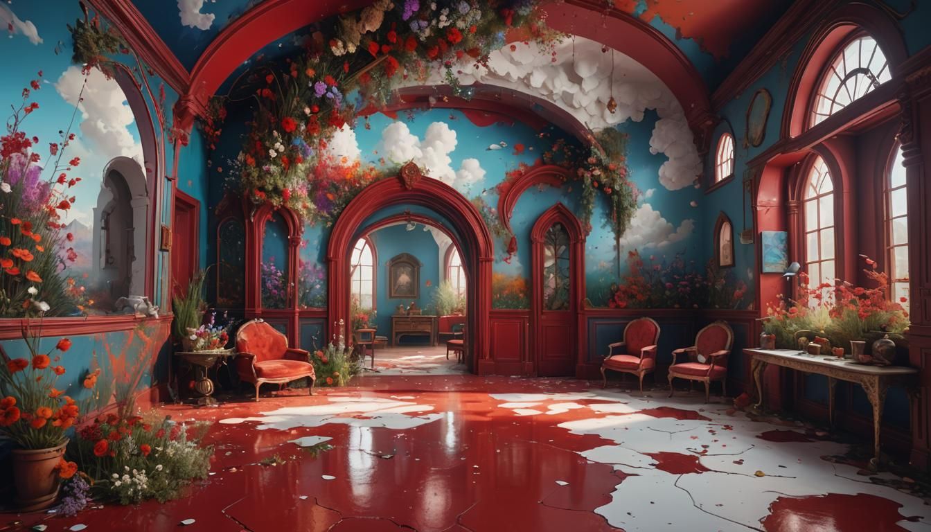 Psychedelic Minimalist Room with Steampunk Girl, Detailed Ma...