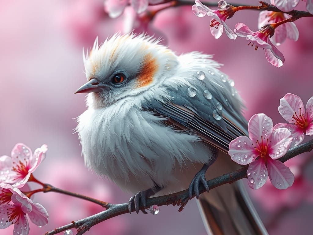 Fluffy Bird with Dew Drops on Cherry Blossoms