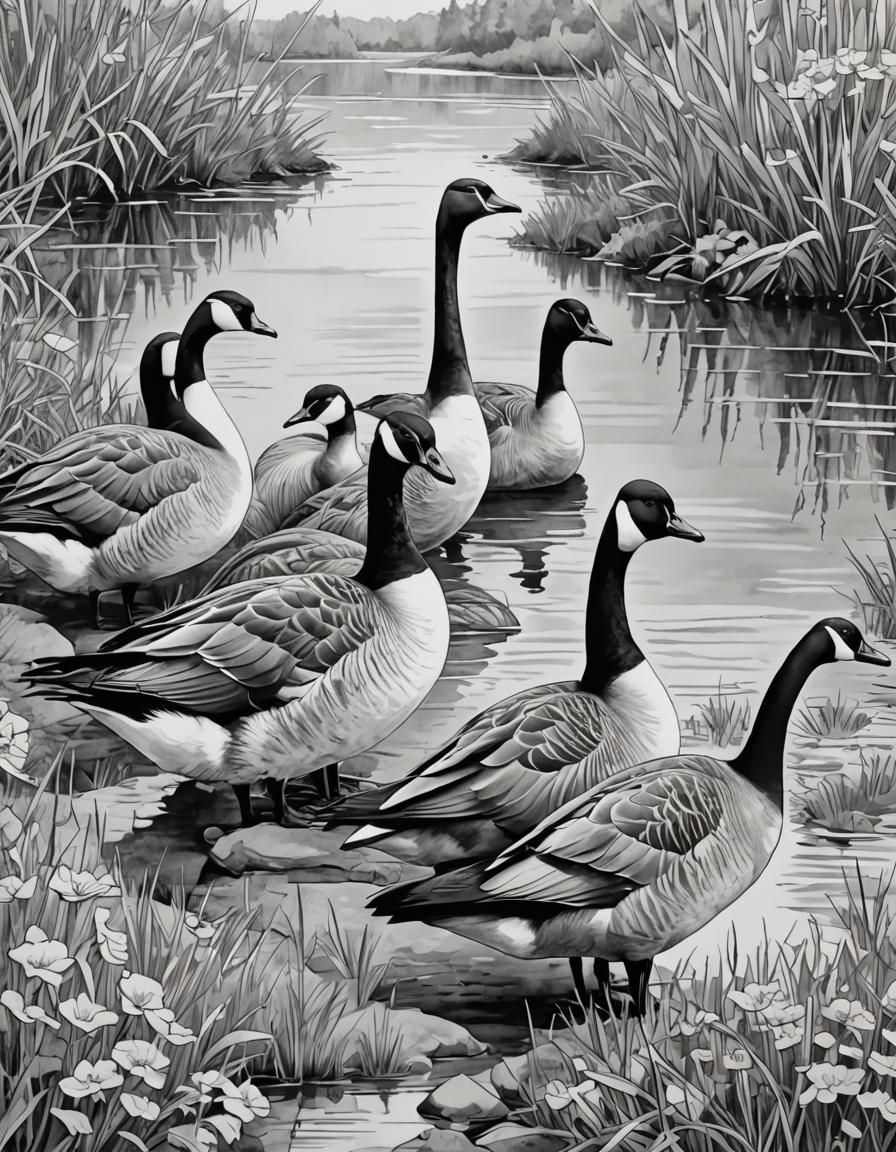 Intricate Line Art of Canadian Geese in Coloring Book Style